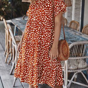 Pretty Garden O'Neck Floral Dot Short Ruffled Sleeve Tiered Bodice Small Dress